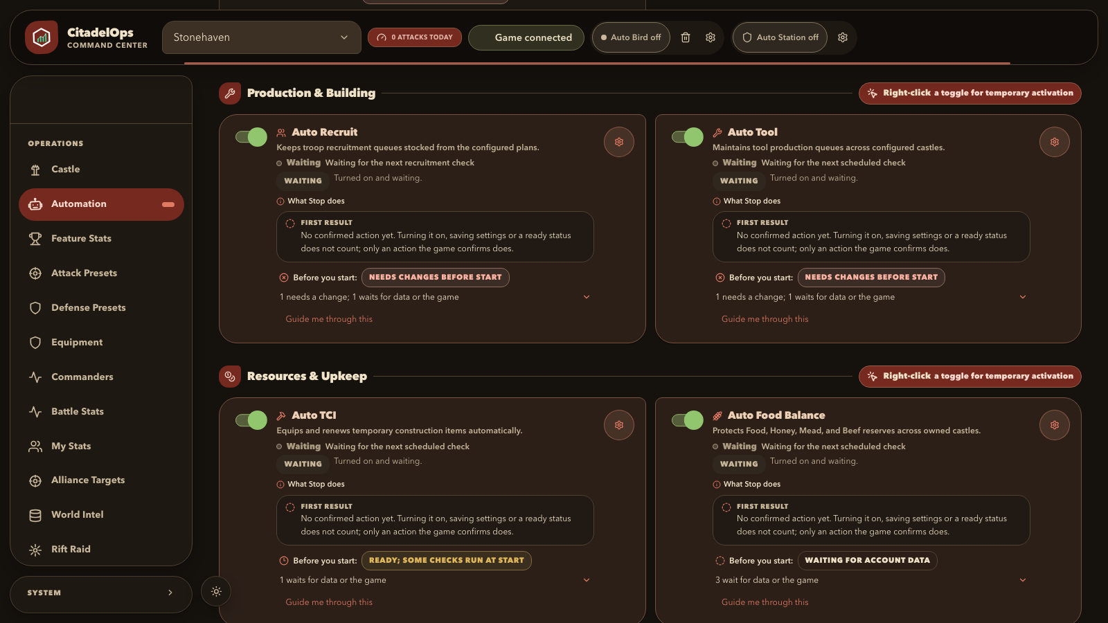 Automation overview screen showing fictional task cards and status lines, with the task switches and settings gear controls highlighted.