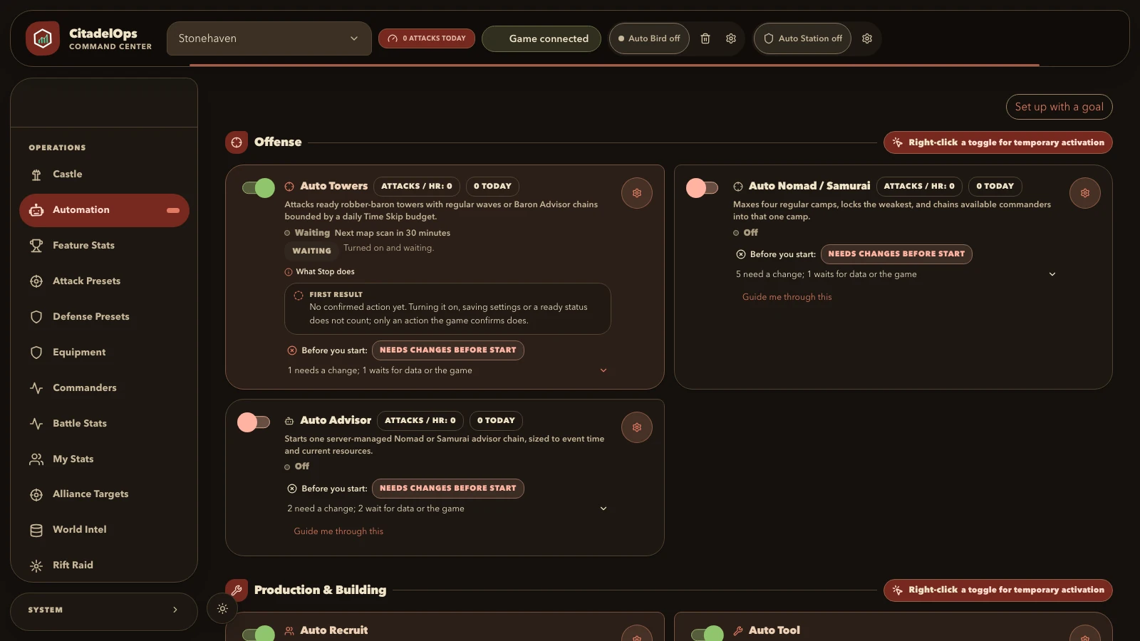 Automation screen showing the Auto Towers card, with its switch highlighted beside the status and settings controls.