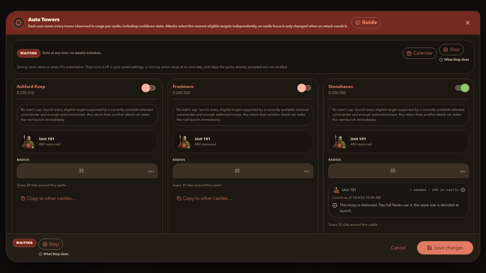 Castle settings screen showing a fictional castle and troop selection, with the castle control and schedule Calendar button highlighted.