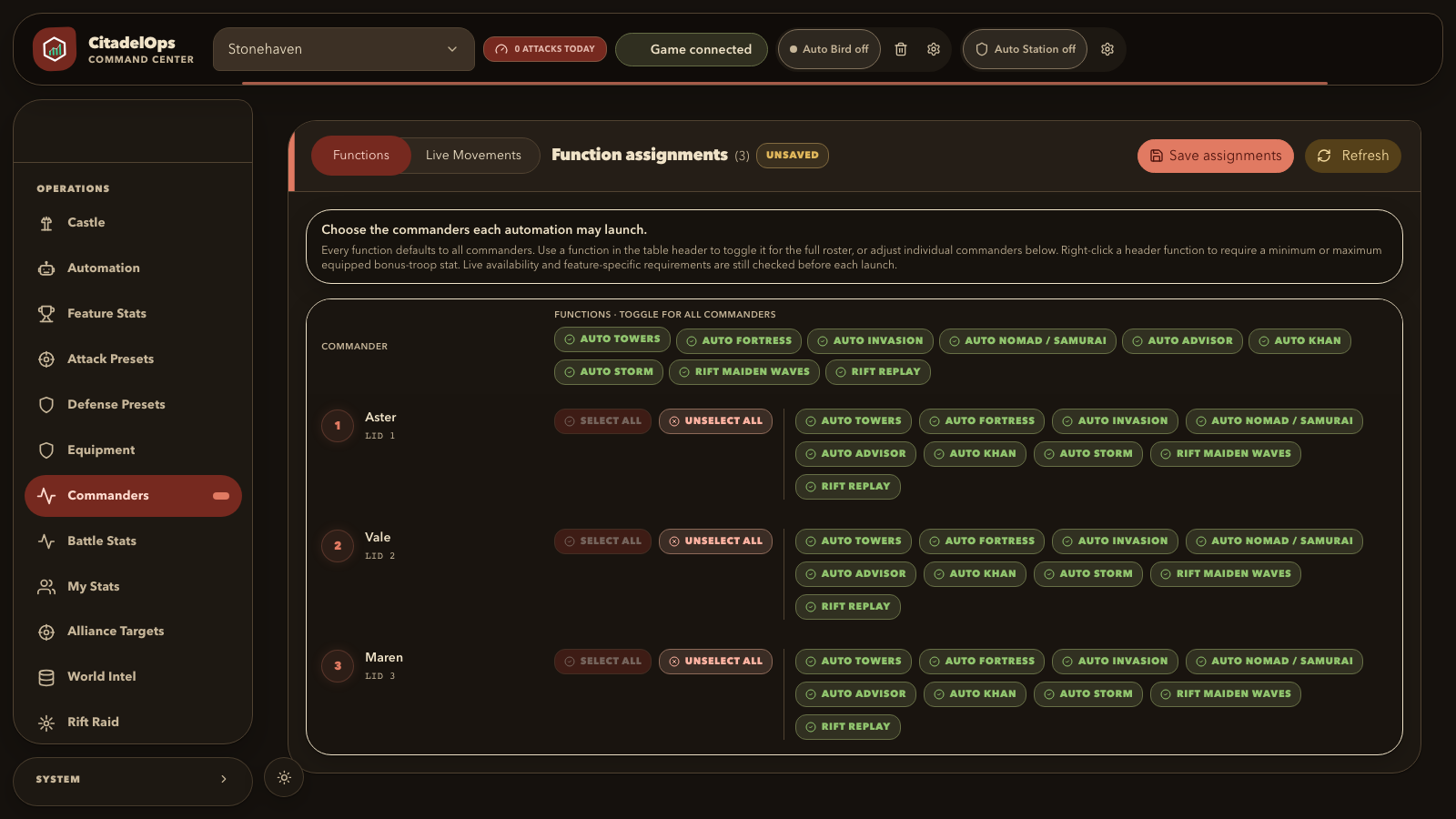 Commander assignments screen showing fictional commanders, with the Auto Towers assignment control and Save assignments button highlighted.