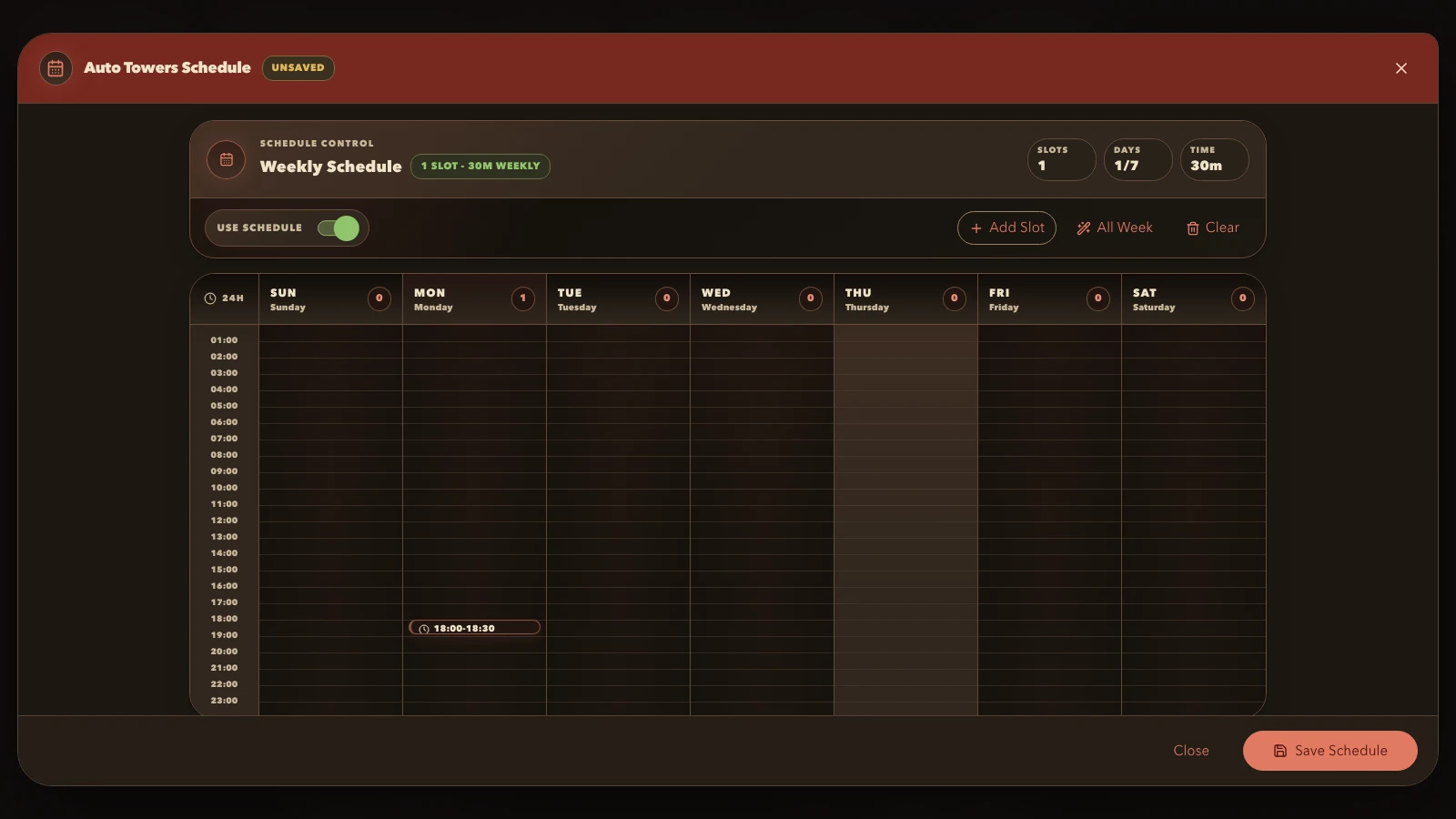 Schedule screen showing a fictional time slot for Auto Towers, with the Add Slot control and Save schedule button highlighted.